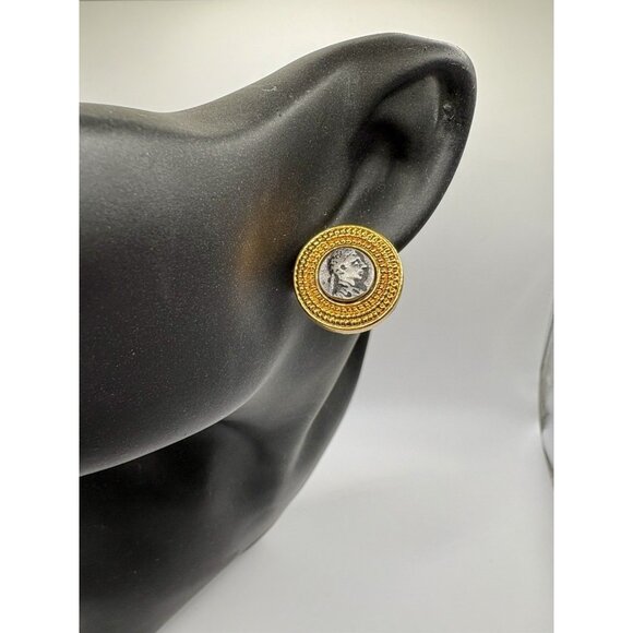 Signed Greek Roman Style Gold Tone Coin Stud Earrings - Picture 1 of 3